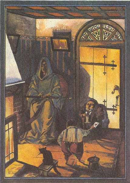 Sam and Frodo meeting Aragorn at the Prancing Pony