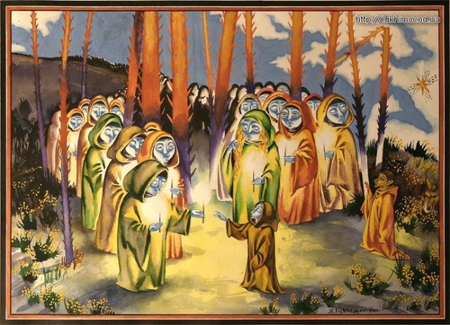 Frodo and Sam meeting the Elves on their way to Rivendell