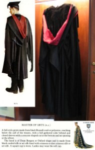 This is what the Oxford University Master of Arts robe and hood looks like, along with an illustration of how it is worn and a description below from the book: Venables, D. R. and Clifford, R. E. Academic Dress: Of The University Of Oxford. Oxford : Thomas-Photos, 1985. The Wade Center owns both the robes and hoods of Charles Williams and C.S. Lewis. The robe featured in this display belonged to Lewis.