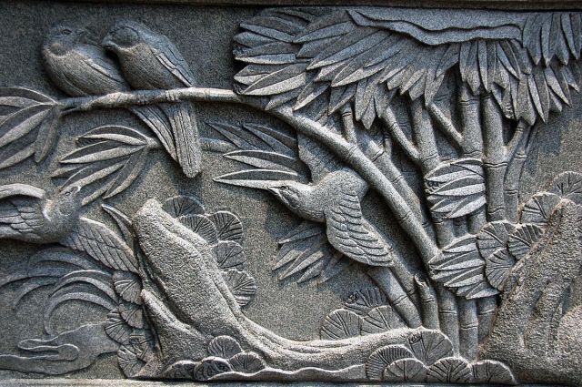 Birds on branches stone wall, Yu Lung San Tien En Si (Jade Dragon Temple)